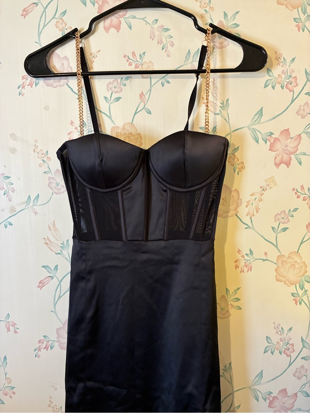 Meshki Black Satin Corset Midi Dress with Thigh Slit - Picture 3 of 3